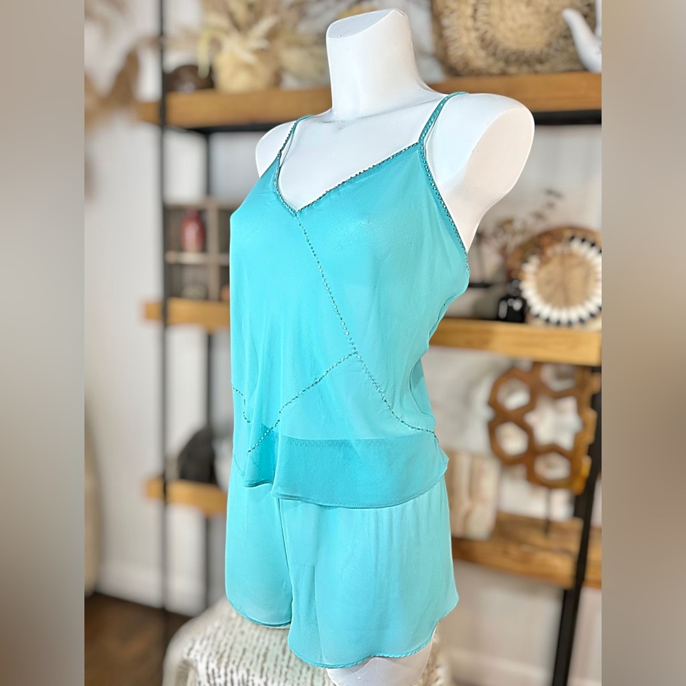 Vintage Valerie Stevens Size XL Teal Sheer Beaded Cami Shorts Lingerie set
